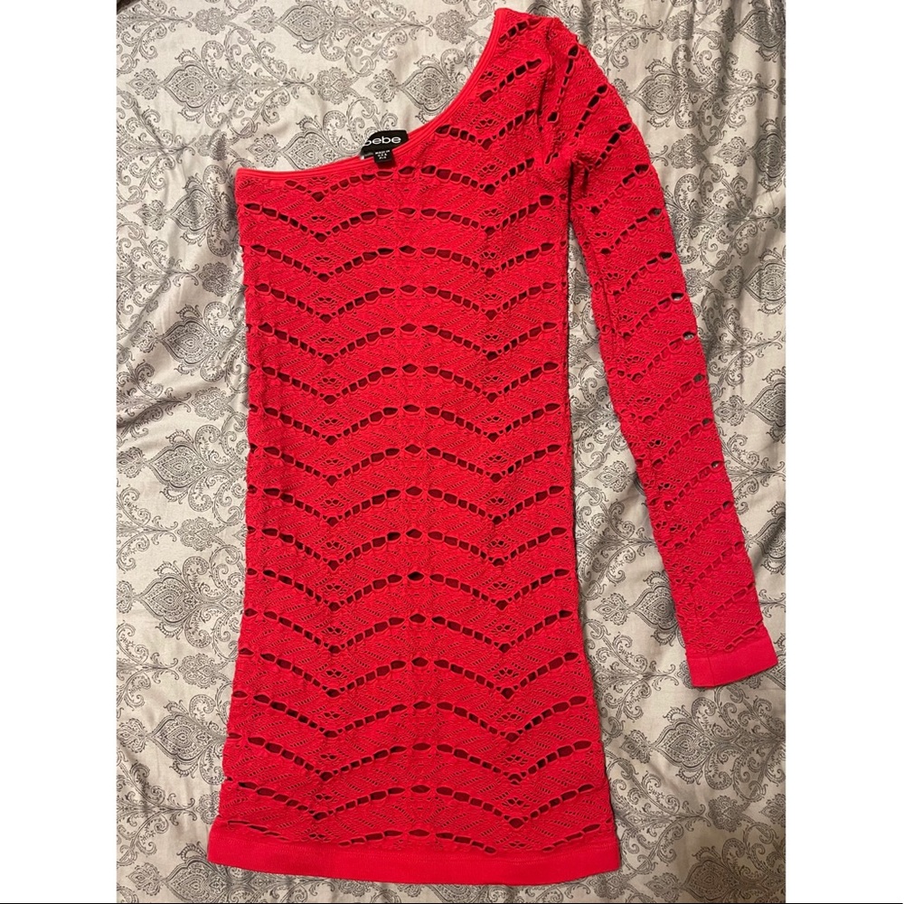 Red BEBE one shoulder stretch mini dress